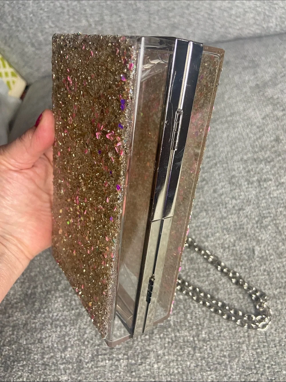 Glitter Evening Clutch Bag with Chain Strap - Champagne